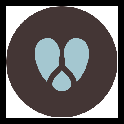 Símbolo circular com formas azuis sobre fundo castanho