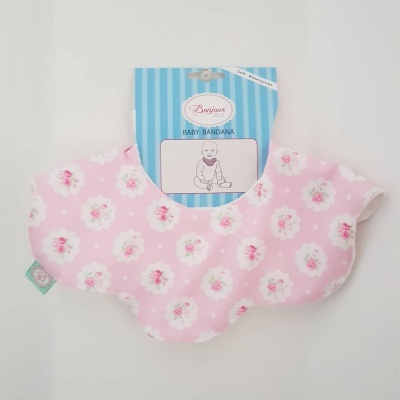 Babete para bebé rosa com flores e embalagem azul às riscas