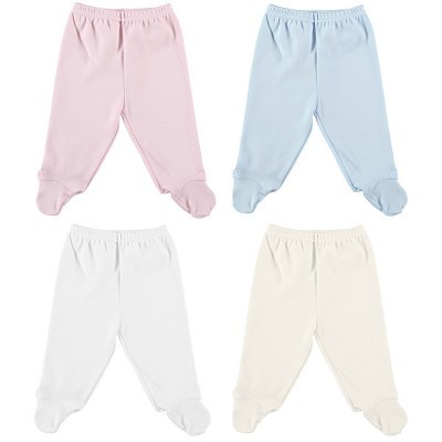 Calças de bebé com pezinhos em rosa claro, azul claro, branco e bege