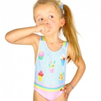 Fato de banho infantil com motivos de gelados e riscas azuis