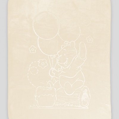 Manta de bebé creme com desenho de ursinho a segurar balões.