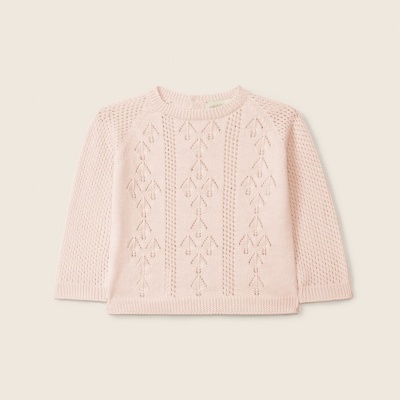 Camisola de malha rosa claro com padrão de folhas e gola redonda