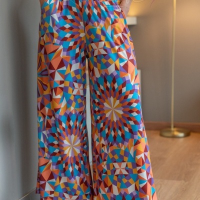 Calças geométricas coloridas largas para mulher com cintura elástica