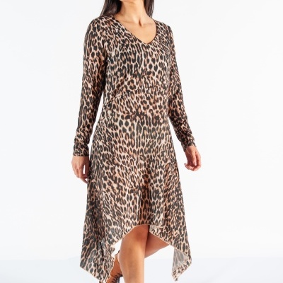 Vestido animal print castanho e preto com mangas compridas e decote em V