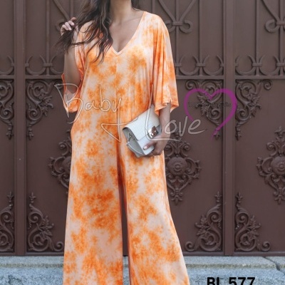 Macacão longo laranja e branco tie-dye com decote em V e mangas largas