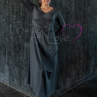 Veste preto comprido com mangas compridas e franzido no peito