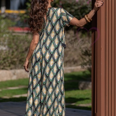 Vestido comprido geométrico verde amarelo branco tradicional