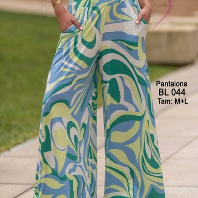 Pantalona larga com padrão abstrato colorido e bolsos, cintura elástica