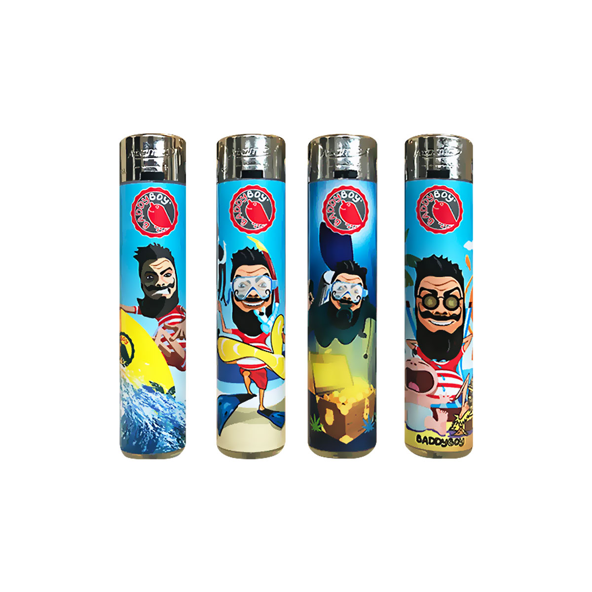 Conjunto de quatro isqueiros Baddyjou com personagens ilustrados em fundo azul