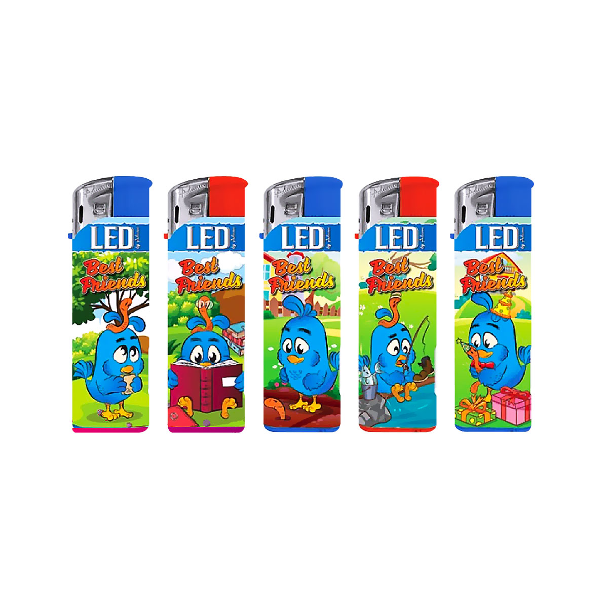 Conjunto de cinco isqueiros coloridos com desenhos de pássaros azuis e texto BOBI FRIENDS