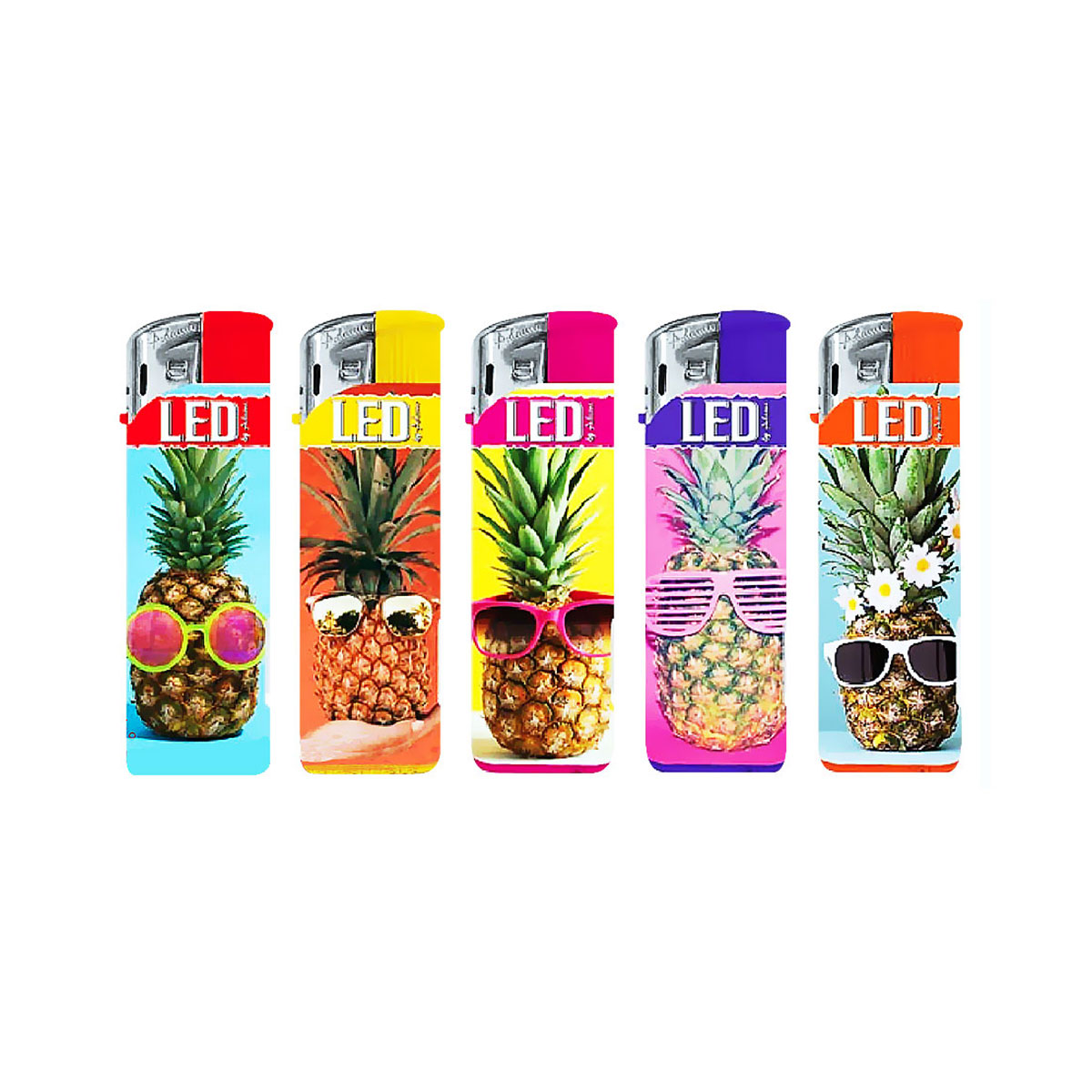 Cinco isqueiros coloridos com imagens de abacaxis a usar óculos de sol