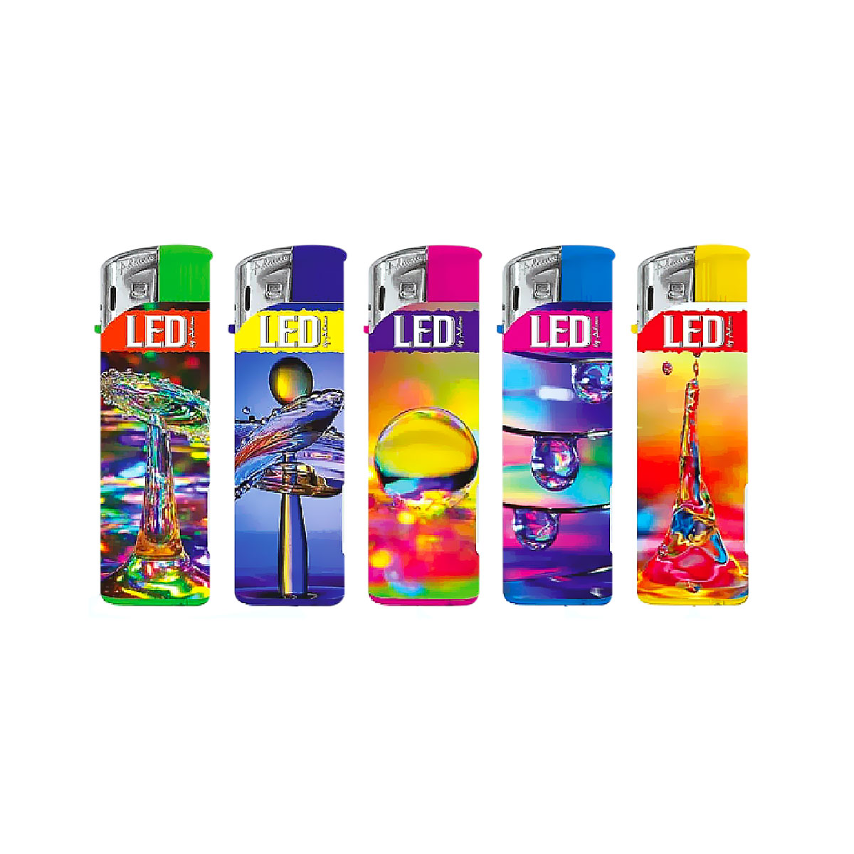 Cinco isqueiros coloridos com tampa prateada e designs de gotas de água