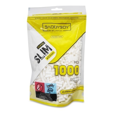 Pacote amarelo e branco com 1000 filtros para tabaco BADDYBOY SLIM