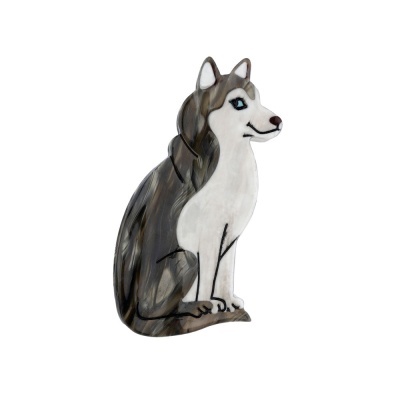 Estatueta cerâmica de cão husky cinzento e branco com olhos azuis
