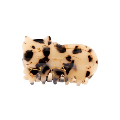 Pente de cabelo em forma de gato bege com manchas castanhas escuras