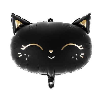 Balão metálico preto com desenho de rosto de gato dourado