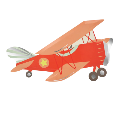 Ilustração de um avião biplano vermelho e cor de salmão com estrela amarela