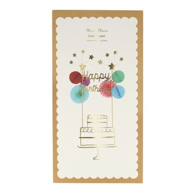 Cartão de aniversário com design de bolo, balões coloridos e texto 'Happy birthday'