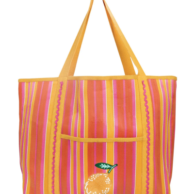 Saco de praia listrado amarelo, laranja, rosa com bordado de limão