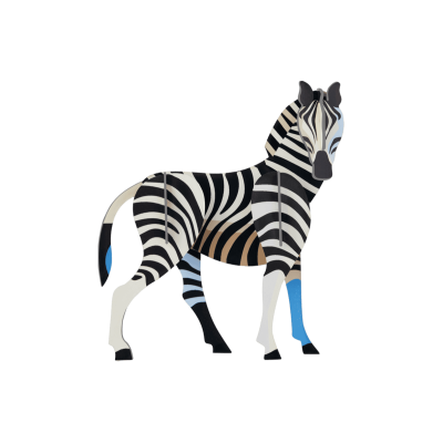 Quebra-cabeças em forma de zebra com listas pretas e brancas e detalhes em azul