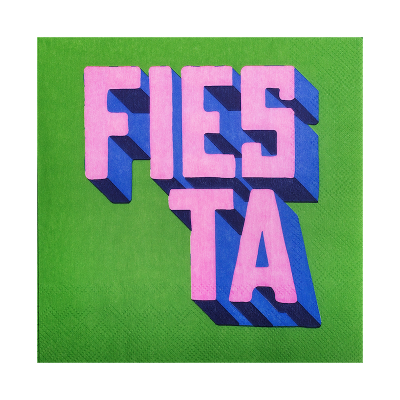 Guardanapo verde com texto rosa e sombra azul 'FIESTA'