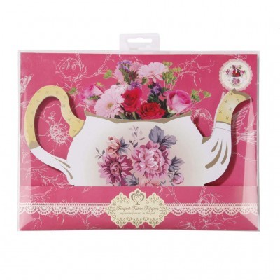 Cartão decorativo bule branco com padrão floral em embalagem rosa