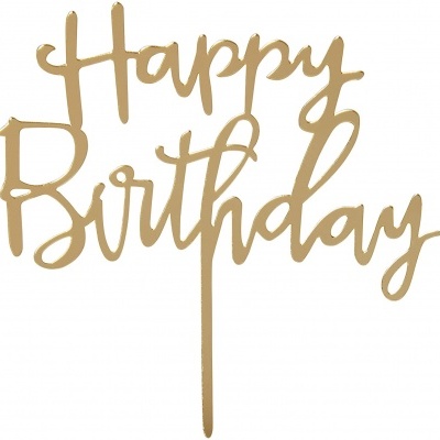 Topper para bolo dourado com as palavras 'Happy Birthday'.