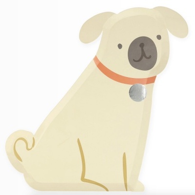 Ilustração simples de cão creme com coleira laranja e medalha prateada