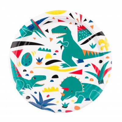 Prato redondo infantil com desenhos coloridos de dinossauros e plantas