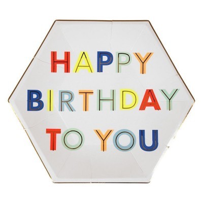 Prato de papel hexagonal com impressão colorida HAPPY BIRTHDAY TO YOU