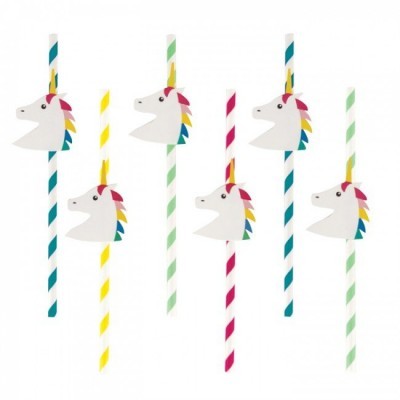 Palhinhas de papel com unicórnios coloridos e riscas verticais