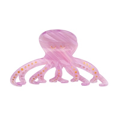 Presilha de cabelo em forma de polvo rosa com padrão marmoreado e detalhes amarelos