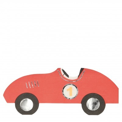 Carro de brinquedo vermelho de madeira com o número 1 nas laterais