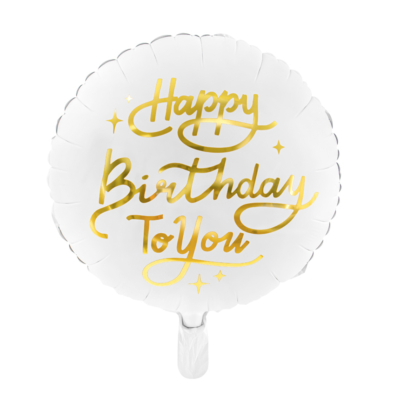 Balão redondo branco com texto dourado 'Happy Birthday To You'