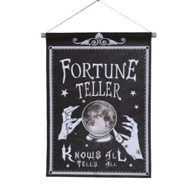 Pendurador de parede preto com texto e ilustração de bola de cristal e mãos