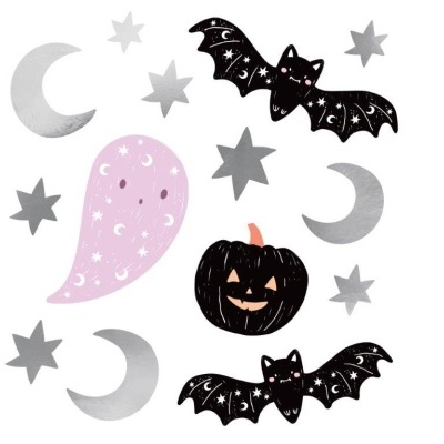 Autocolantes decorativos Halloween com morcegos, abóbora, fantasma rosa e luas e estrelas prateadas.
