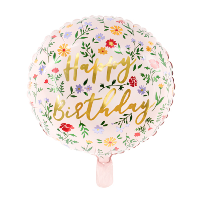 Balão de aniversário redondo com flores e texto 'Happy Birthday'