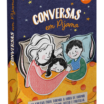 Caixa de cartas Conversas em Pijama azul e amarelo com ilustração de família a dormir