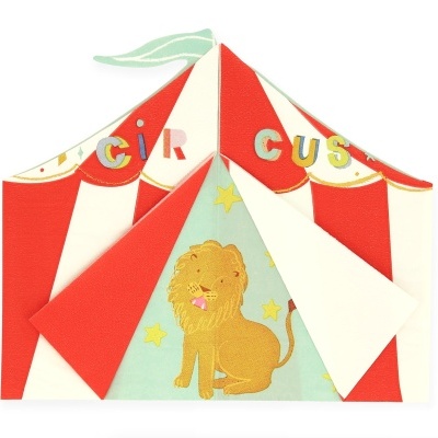 Caixa dobrável com estampa de circo e desenho de leão