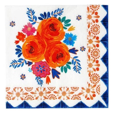 Guardanapo de papel branco com padrão floral colorido laranja, rosa, azul e verde