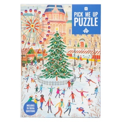 Caixa de puzzle Pick Me Up com 1000 peças e cena de Natal com árvore e patinagem no gelo