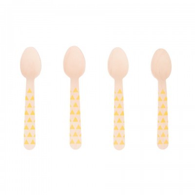 Quatro colheres de madeira clara com padrão amarelo no cabo