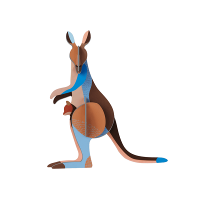 Escultura metálica colorida de canguru com filhote