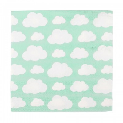 Guardanapo de papel verde água com padrão de nuvens brancas