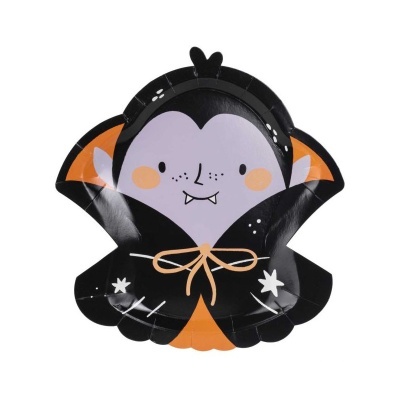 Prato de papel em formato de vampiro com cores preto, laranja e roxo