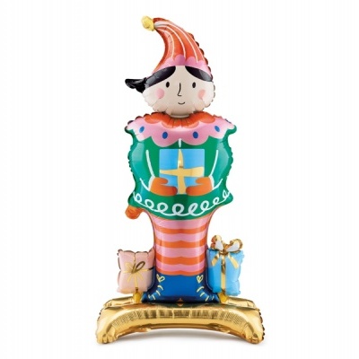 Balão metálico de duende com roupas coloridas e presentes na base