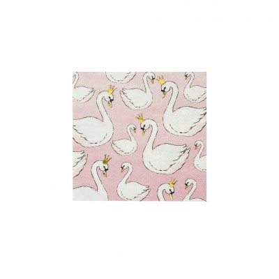 Pano rosa com cisnes brancos de coroas amarelas em padrão repetido