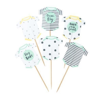 Mini topos de papel para bolos em forma de bodies de bebé com desenhos e frases em inglês