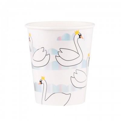 Copo de papel branco com cisnes e nuvens coloridas