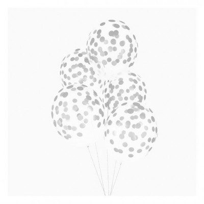 Cinco balões transparentes com confetes prateados